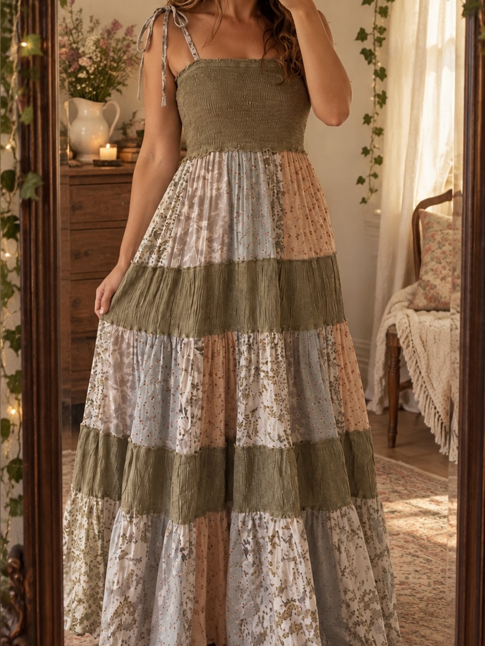 Smocked Olive Tiered Maxi Dress with Floral Panels